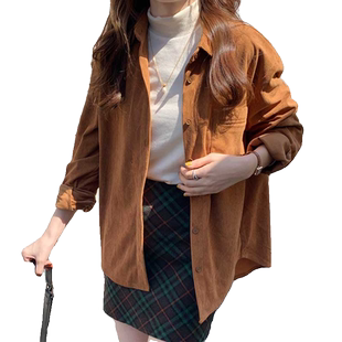 春秋美拉德色系灯芯绒衬衫外套女棕色叠穿开衫长袖宽松正肩中长款