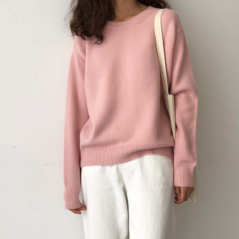 ins温柔蜜桃橘粉套头毛衣女chic宽松圆领糖果色淡粉针织上衣