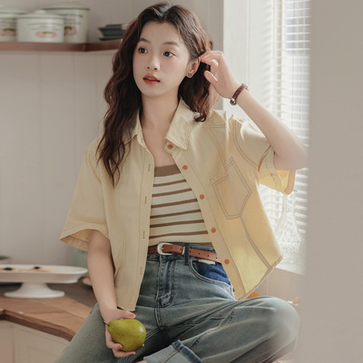 多巴胺短袖奶黄色牛仔衬衫外套女
