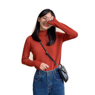 百思朵季少女洋气砖红色高领打底毛衣厚温柔暖橘修身内搭针织衫
