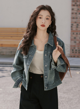 2025秋季复古怀旧蓝色牛仔外套夹克女士开衫牛仔衣短款小个子外搭