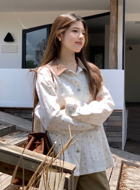 春季甜美别致清新白色小碎花衬衫女加厚正肩显瘦长袖开衫外搭