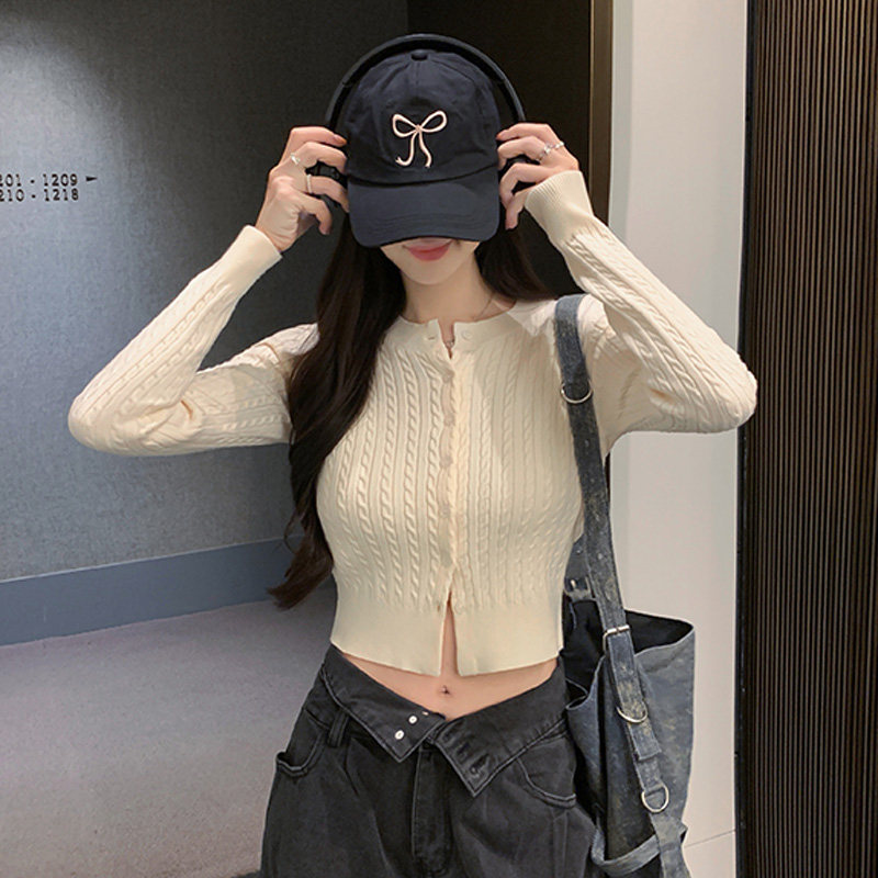 奶杏色针织衫开衫短款修身短外套图片