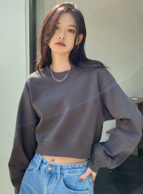 百思朵深灰色卫衣女vintage高腰短款潮小个子烟灰色露脐纯棉上衣