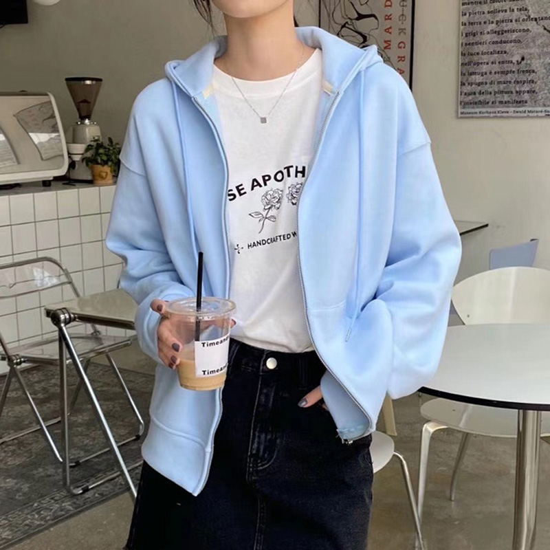 百思朵甜美奶油薄款连帽拉链卫衣