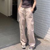 裤 工装 直筒裤 阔腿裤 2026年春秋粉色休闲裤 宽松显瘦高腰长裤 女薄款