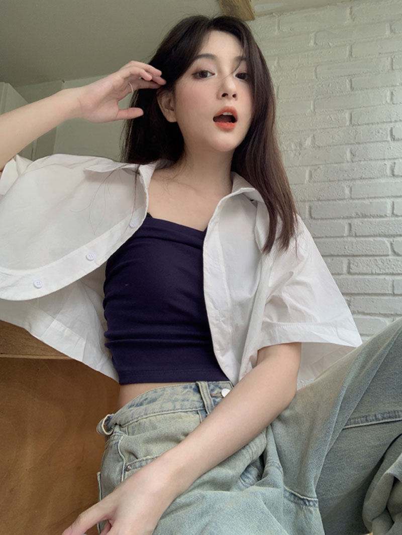 2026夏季白色短袖衬衫女吊带外搭罩衫坎肩甜辣短款上衣外搭短外套 - 实物图