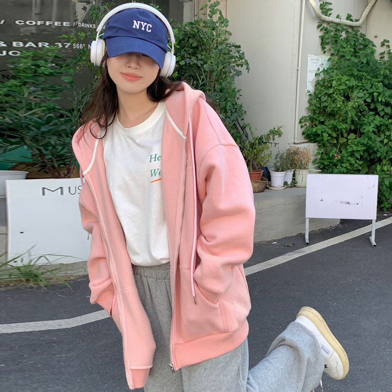 春秋粉色卫衣外套女拉链开衫连帽加绒oversize落肩字母刺绣高级感