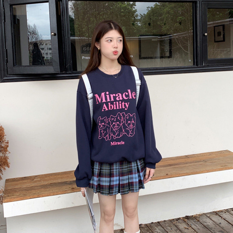 秋加绒学院风藏蓝色字母印花卫衣外套女可爱正肩圆领小个子上衣