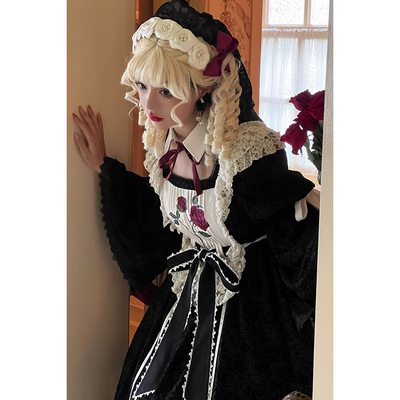 现货重工玫瑰刺绣洛丽塔黑色长裙