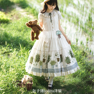 小盆栽现货 田园风宽松纯棉夏秋麻袋长裙女包子猪Lolita原创设计