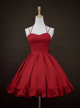 现货小夜曲轻lo日常红色可爱性感吊带蝴蝶结连衣裙女夏季包子猪