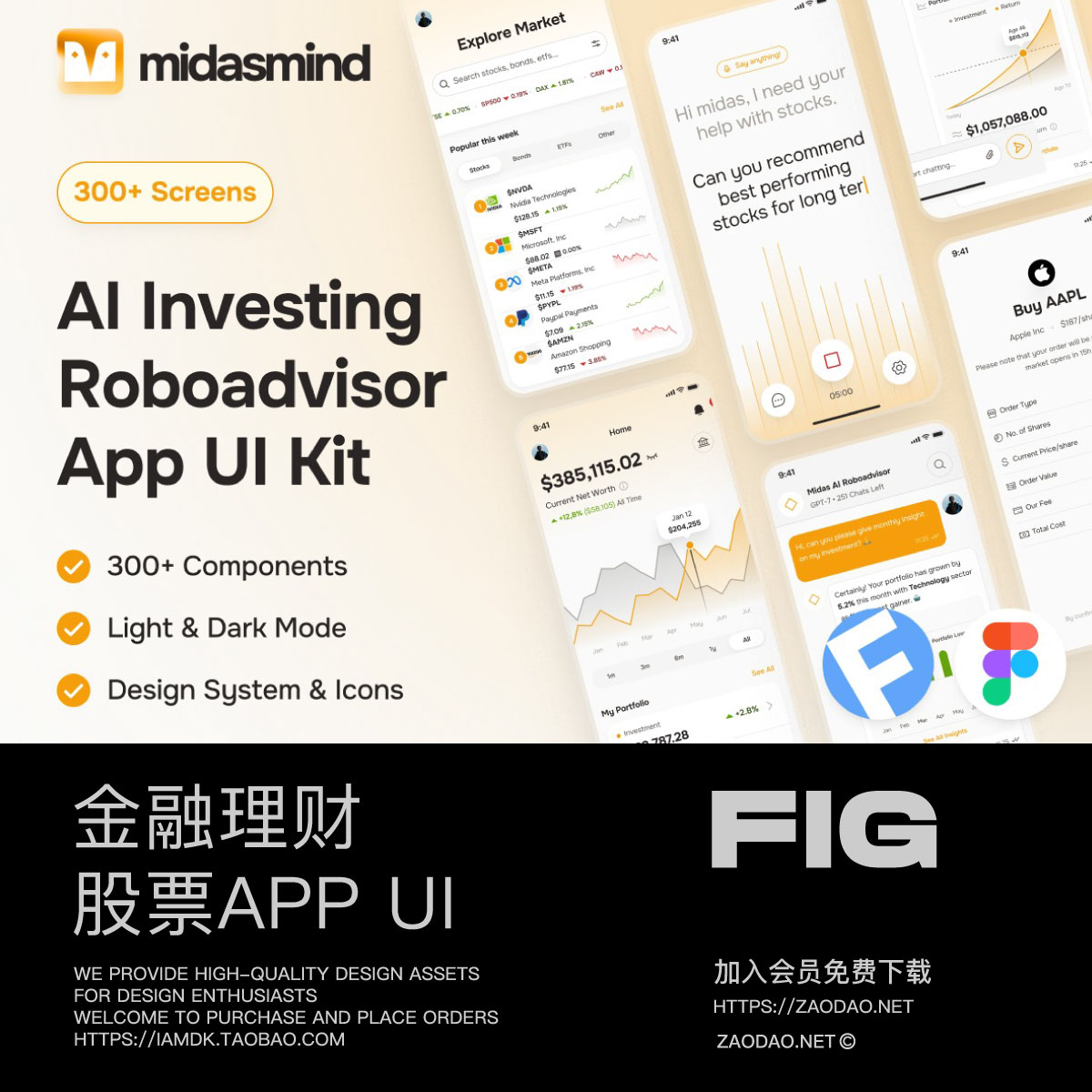 300+屏AI智能金融理财基金投资股票app ui界面设计figma模板套件