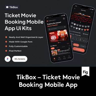 40+屏暗黑风影院电影票务预定在线购买软件APP界面设计Figma模板