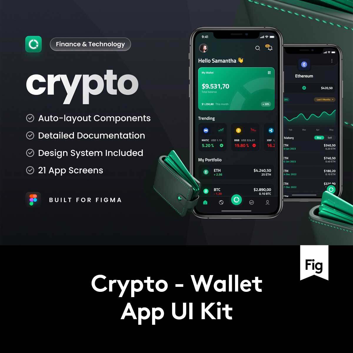 21屏暗黑金融加密货币电子钱包理财财务APP UI界面设计Figma模板