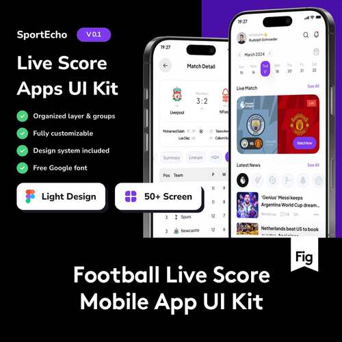 50+屏简约足球篮球体育赛事比赛直播APP UI界面设计Figma模板套件