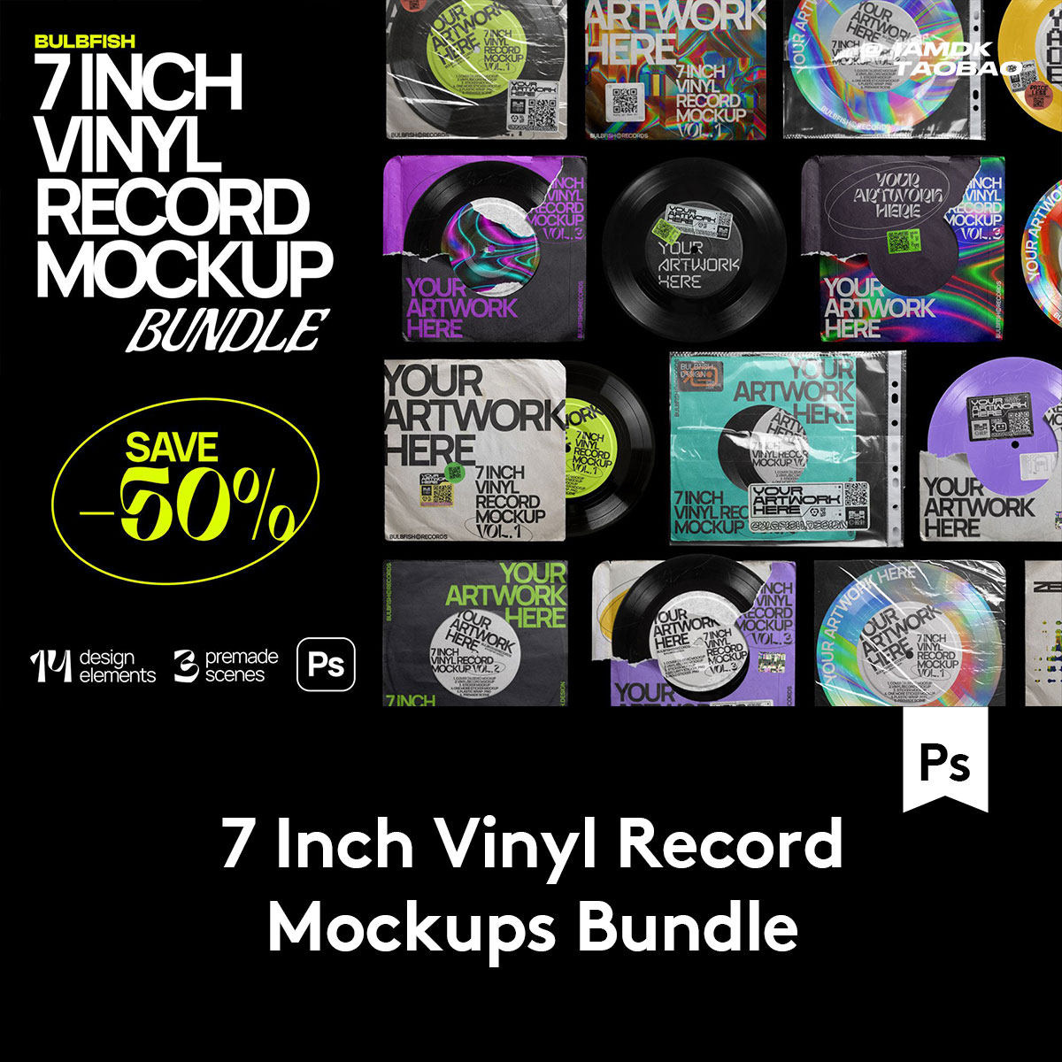 复古做旧嘻哈黑胶唱片电音专辑cd包装封面设计展示贴图ps样机模板