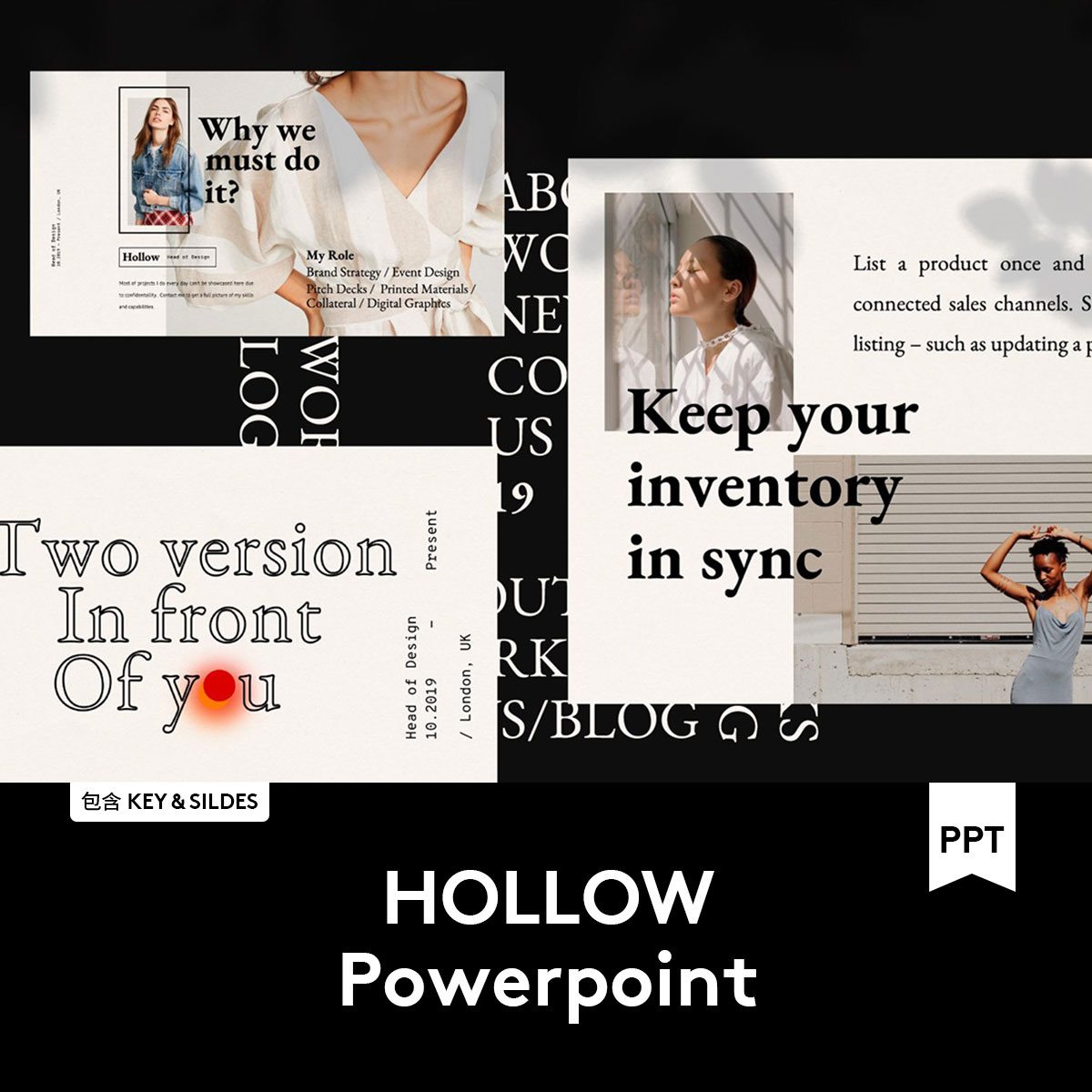 HOLLOW PPT+Keynote潮流女性服装设计作品集幻灯片演示文稿模板