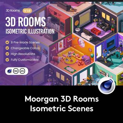 卡通创意人物办公生活锻炼医院厨房3D场景模型C4D/FBX格式素材