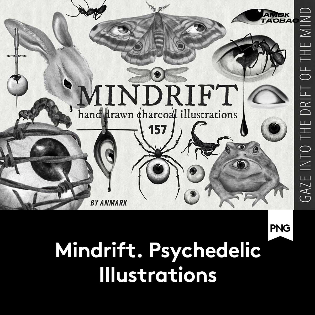 157款复古黑白恐怖迷幻眼睛纹身刺青插画潮流艺术png免抠拼贴图片