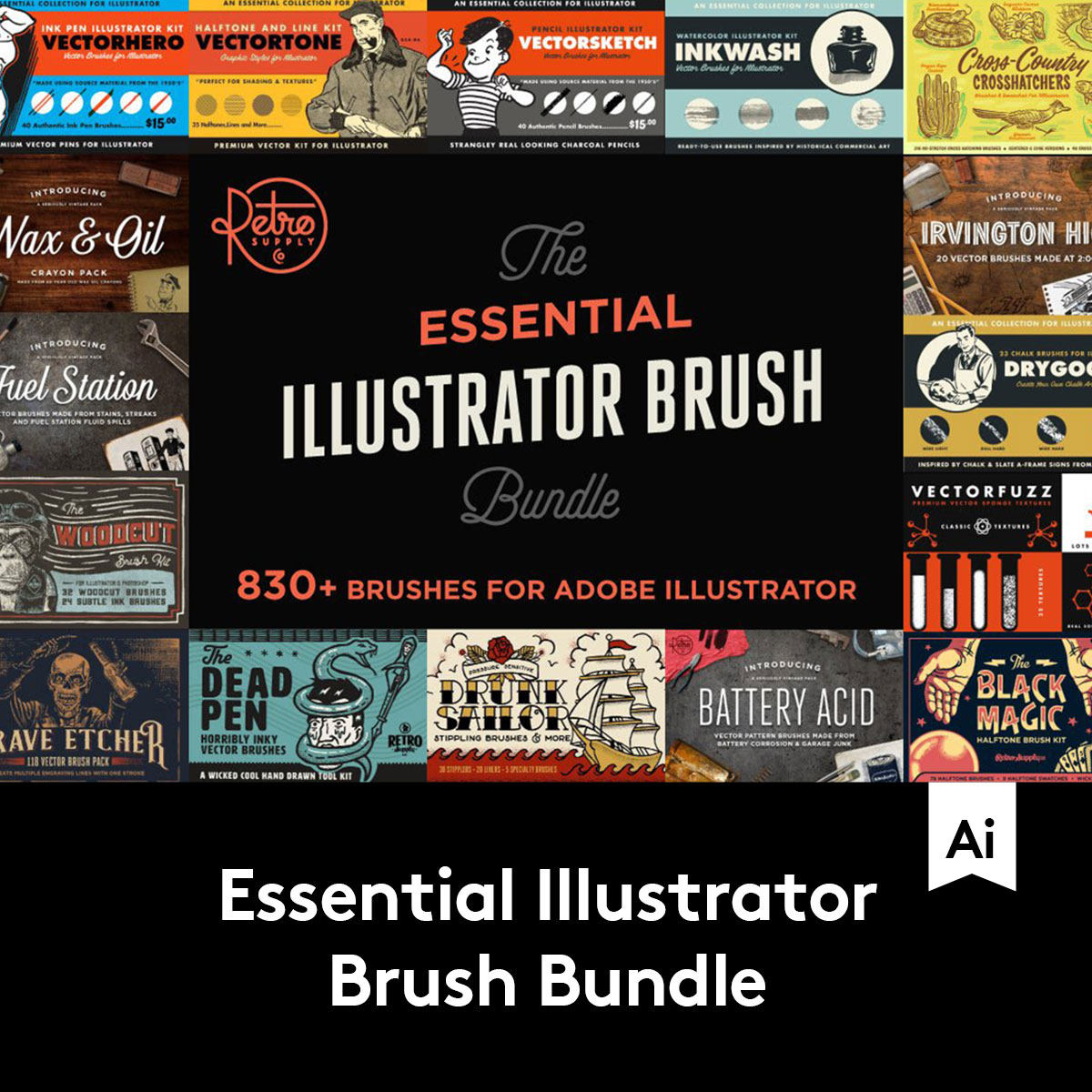 830多种复古水彩半调点状颗粒线条不规则绘画画笔AI矢量笔刷合集