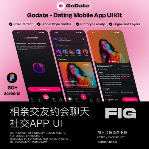 60+屏相亲约会交友聊天社交手机应用程序app ui界面设计figma模板