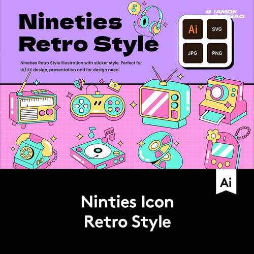 30款独特复古Y2K风卡通趣味电子设备家电相机AI矢量插图设计素材