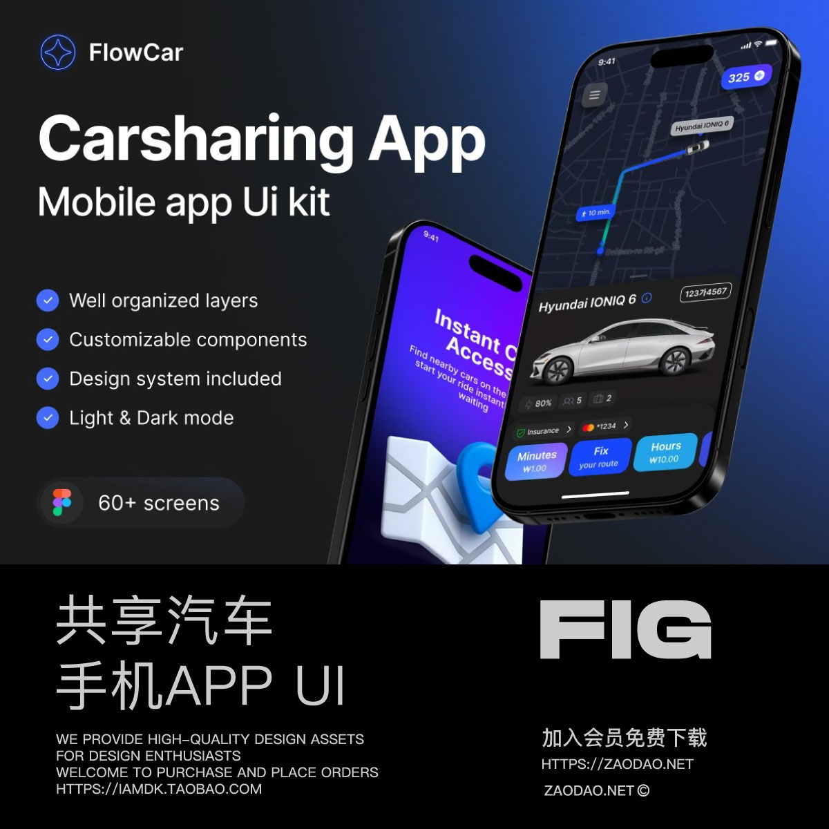 60+屏双配色共享汽车手机系统软件app设计ui套件figma模板素材