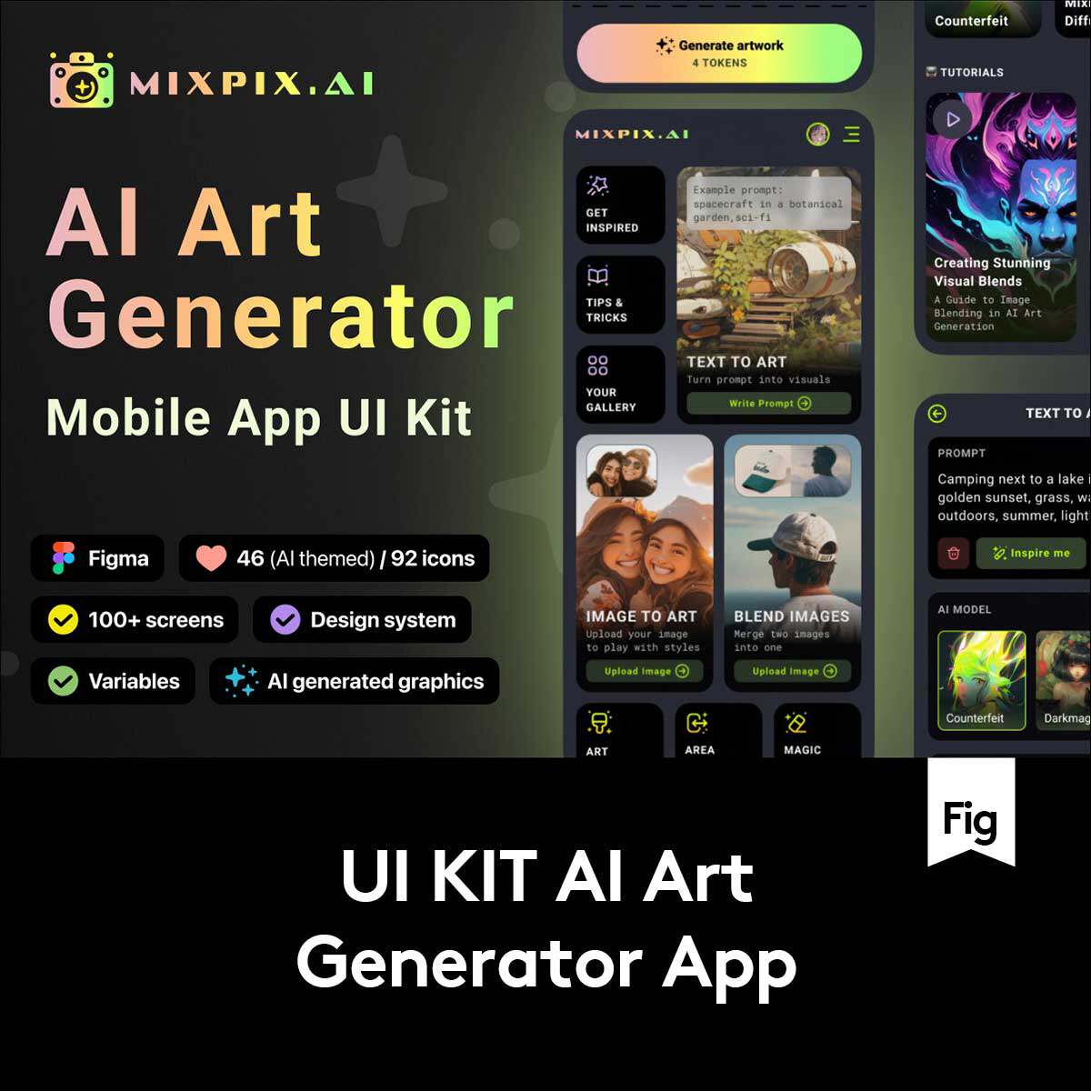 100+屏AI智能艺术绘画图片在线生成创作APP用户界面设计Figma模板