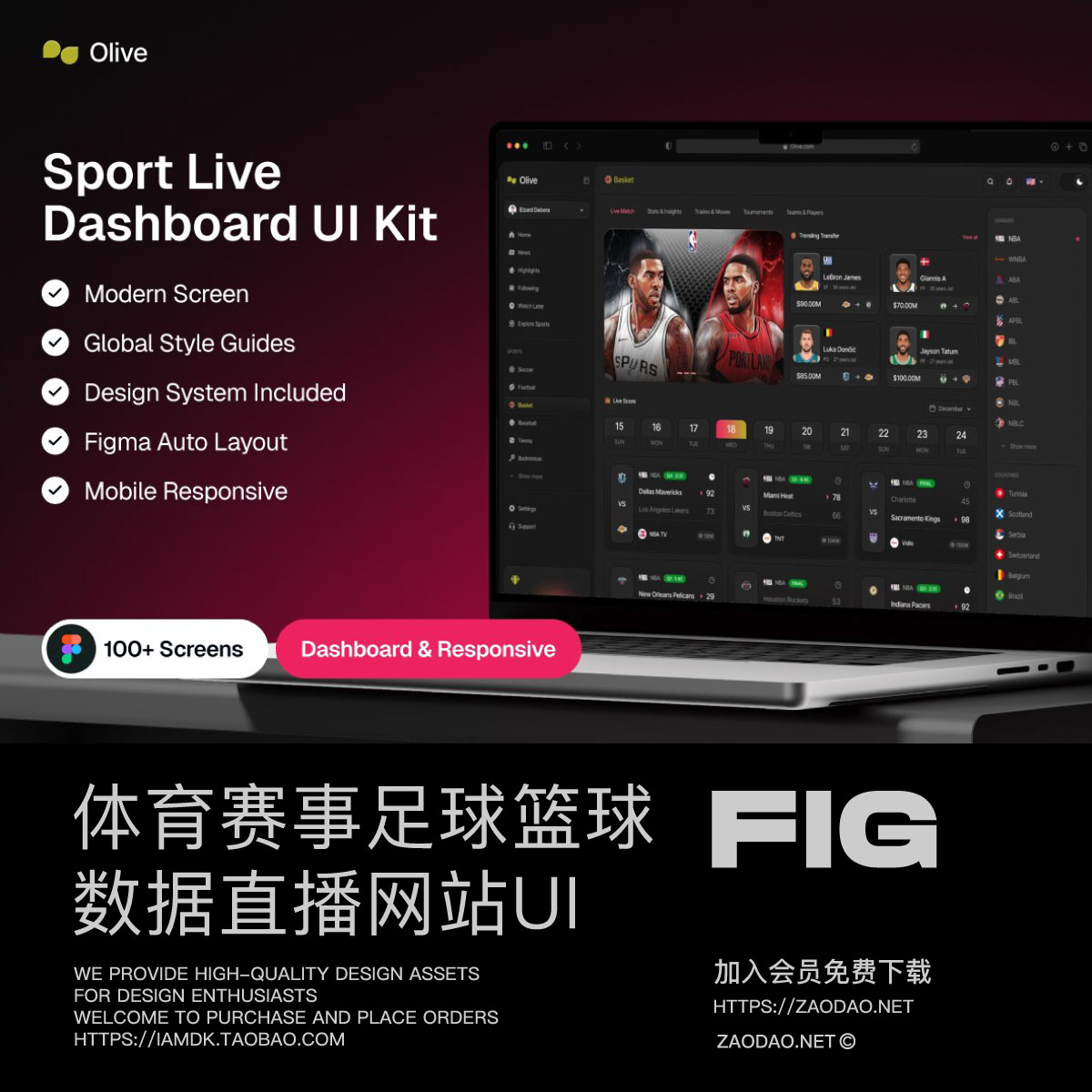 100+屏体育赛事足球篮球直播看板仪表盘网站UI界面设计figma模板