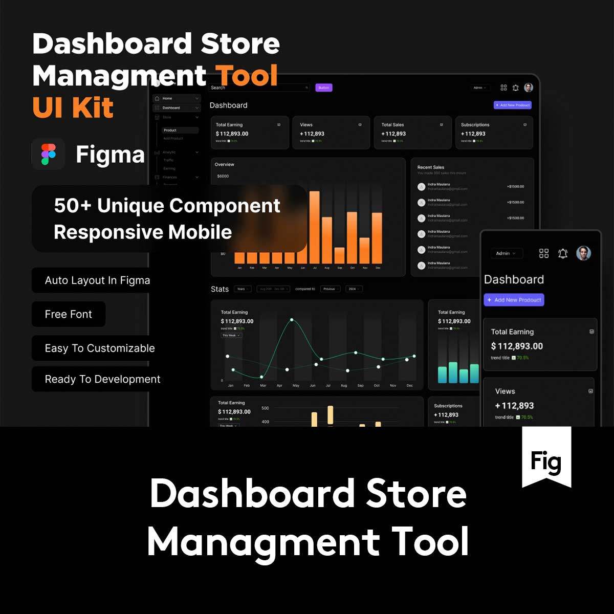 50+屏双配色电商销售数据统计分析仪表盘用户界面设计Figma模板