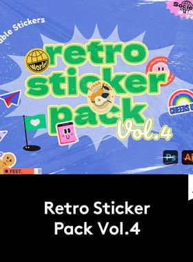 100款潮流创意复古趣味卡通Y2K贴纸标签徽标设计AIPS素材源文件