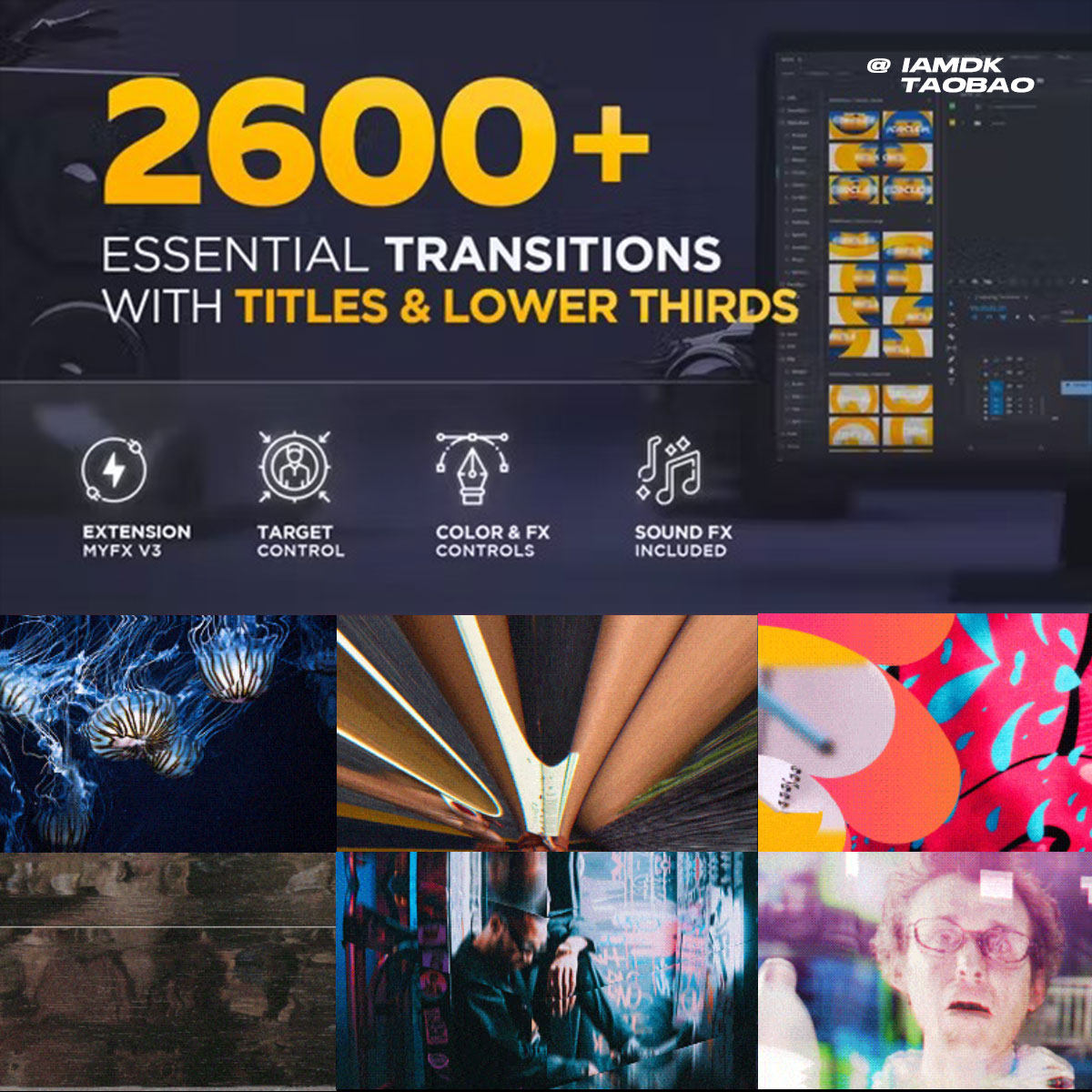 PR脚本 2600组扭曲冲击水墨笔刷图形切割摄像机无缝视频转场预设