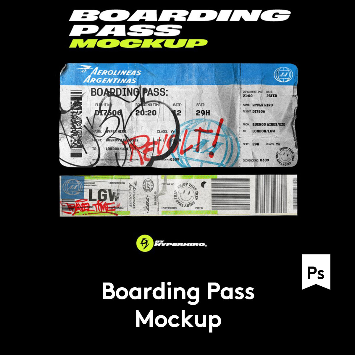 Boarding Pass Mockup复古做旧褶皱登机纸牌设计样机PSD模板素材