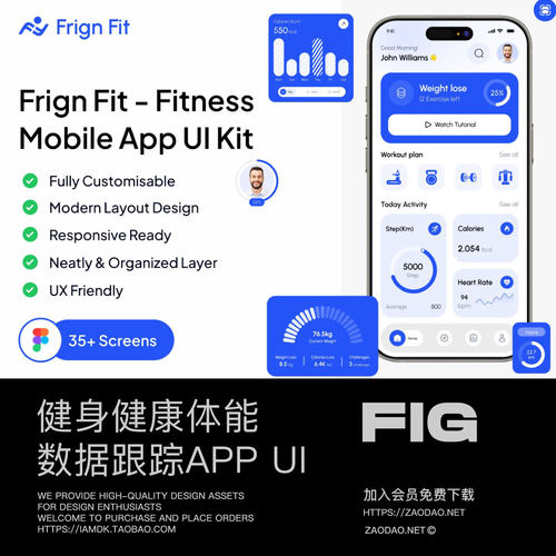 100+屏健身健康体能数据跟踪目标监控app界面设计ui套件figma模板