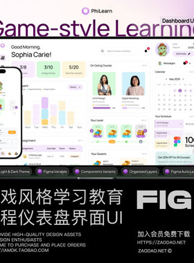 100+屏有趣游戏风格学习教育课程任务仪表盘UI界面设计Figma模板