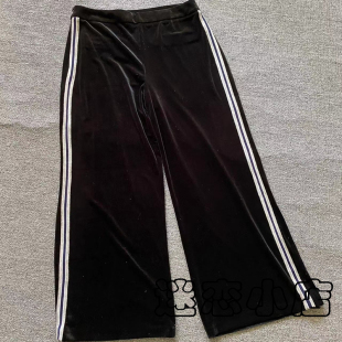 女贵气丝绒阔腿裤 砖柜原单尾货高腰垂坠侧边撞色条纹直筒长裤 秋季