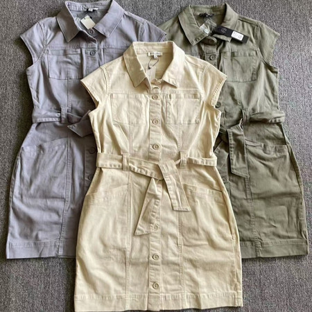 外贸出口欧美纯原工装收腰纯棉短袖连衣裙子夏女通勤显瘦连衣裙