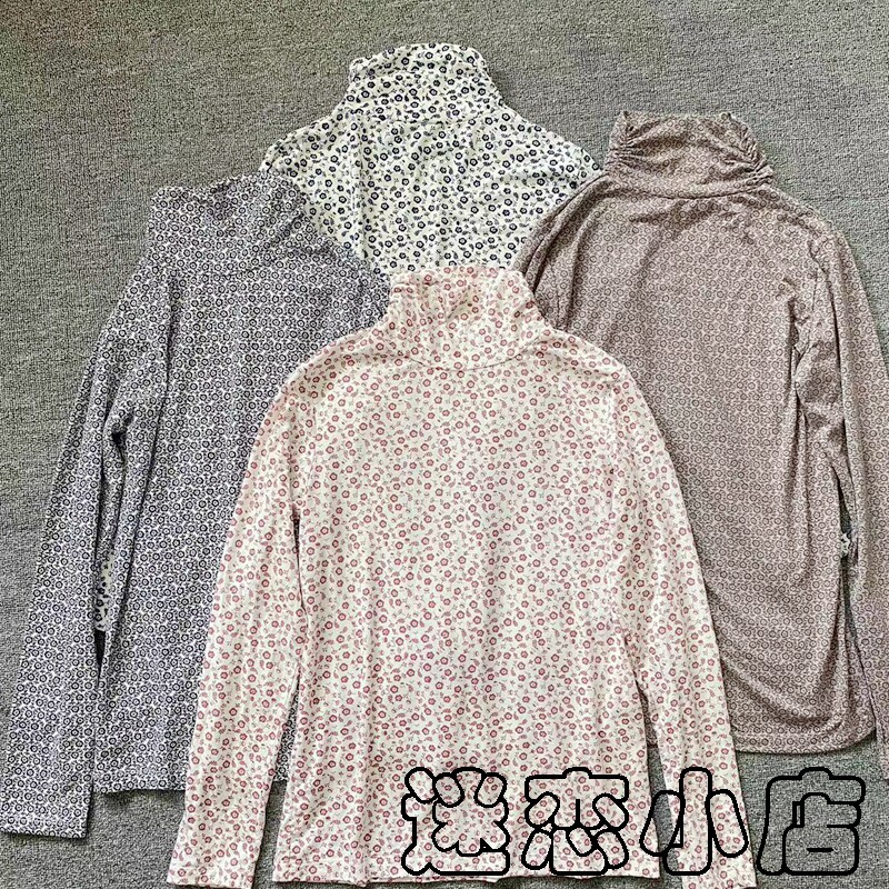 多色入出口日单纯原半高领碎花打底衫秋冬女套头秋衣T恤宽松大码