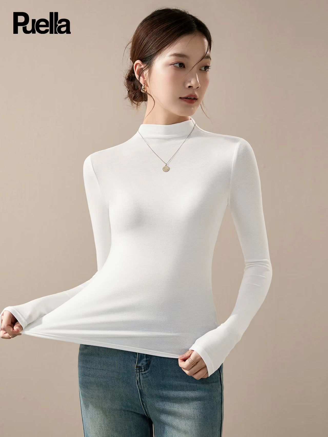 拉夏贝尔Puella半高领打底衫女2025年冬季懒高级内搭修身T恤上衣