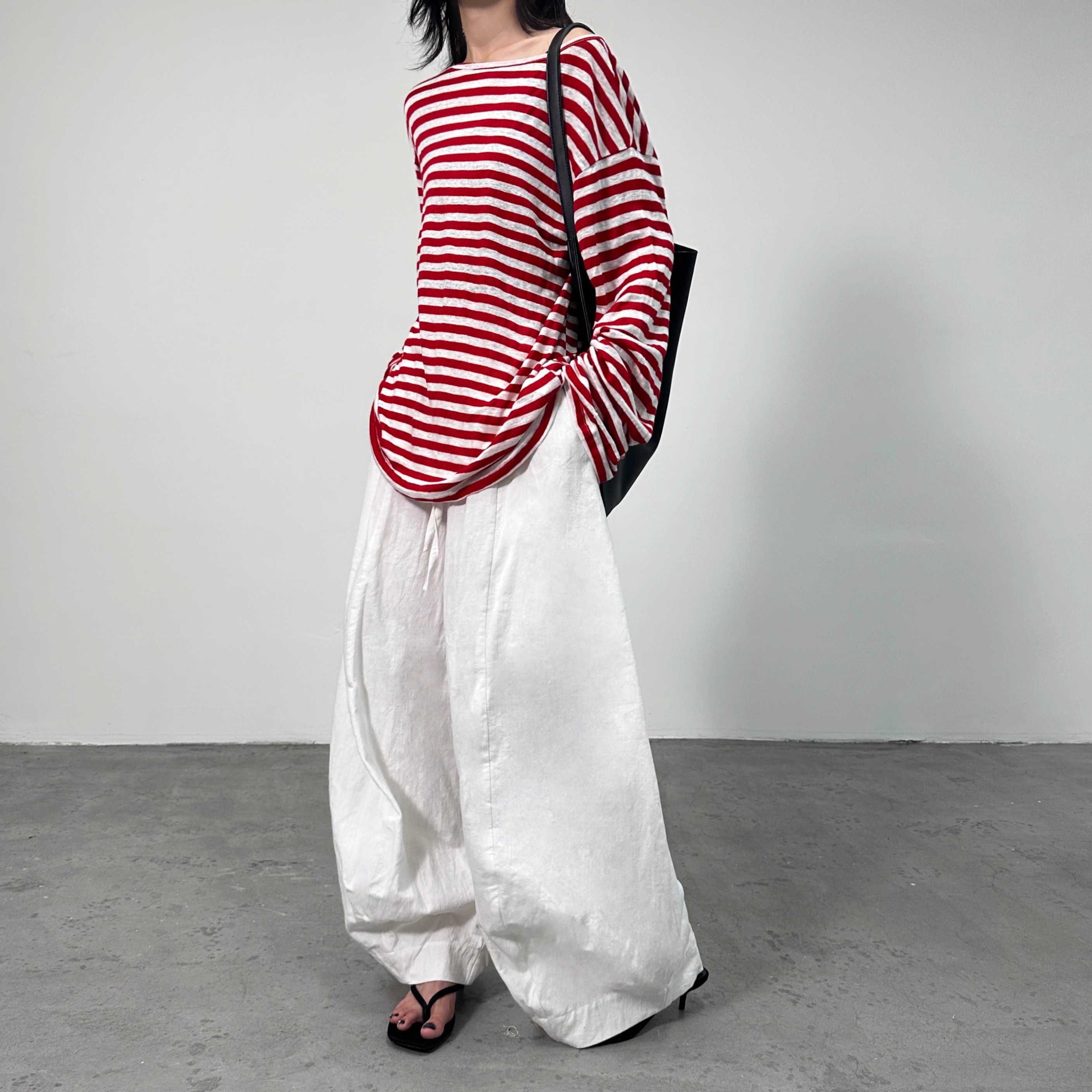 Vesca亚麻阔腿拖地弯刀长裤