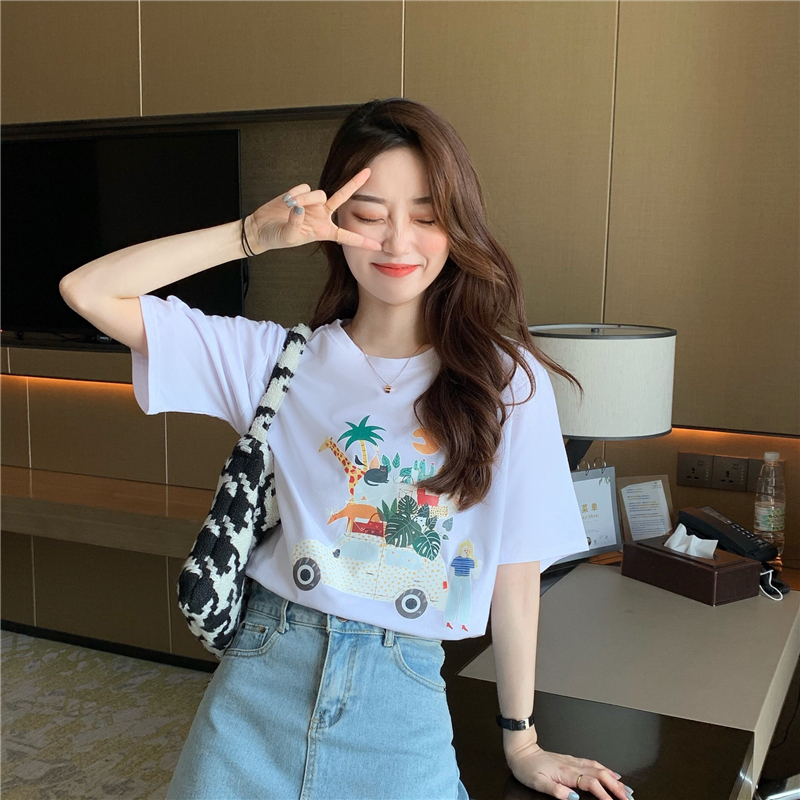 Korean versatile loose round neck fashion cartoon printed short sleeve slim top T-shirt