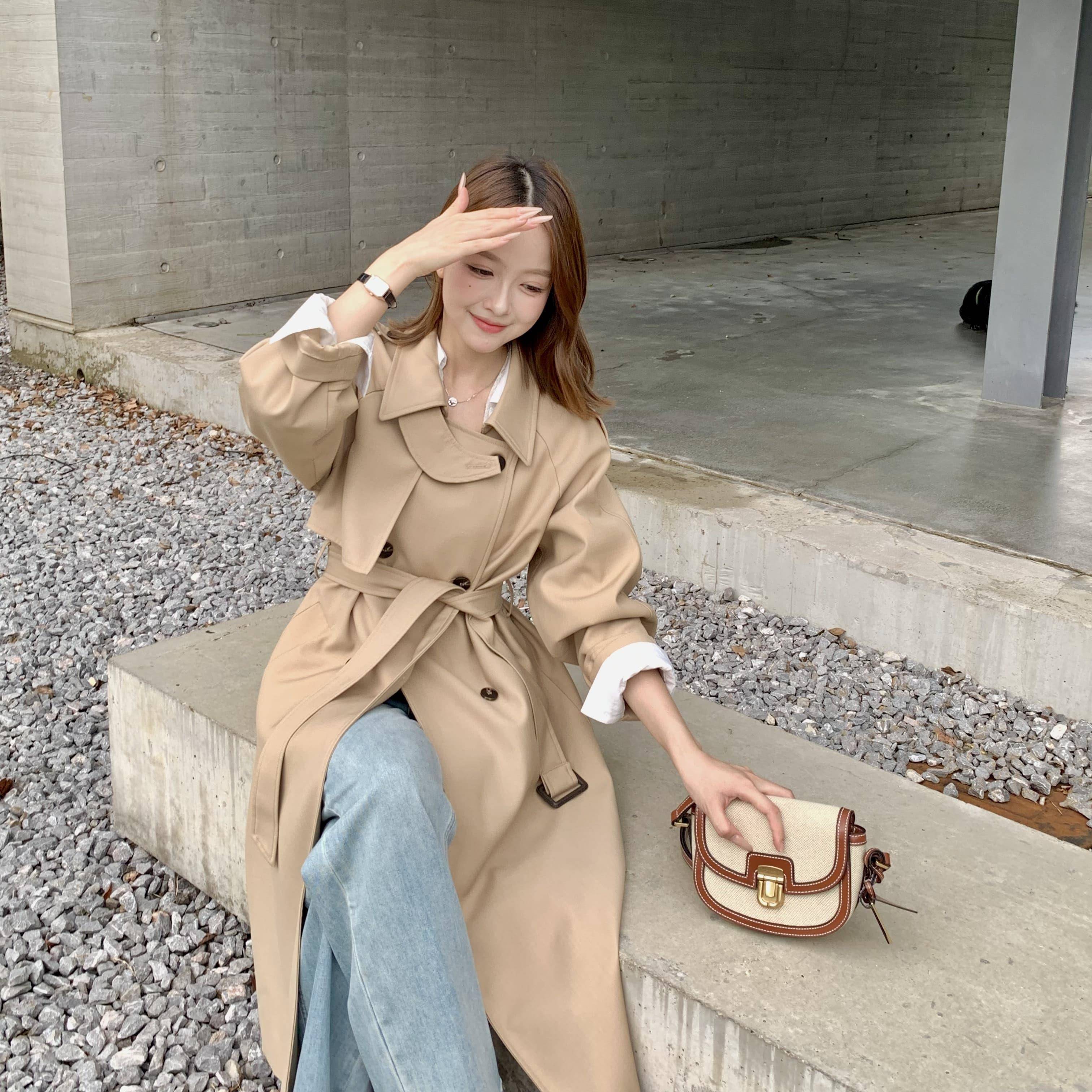 ac家2025新款韩系插肩袖卡其色黑色经典长款150小个子风衣外套女