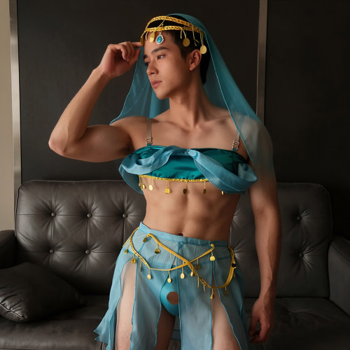超性感男孔雀蓝开档透视丁字裤