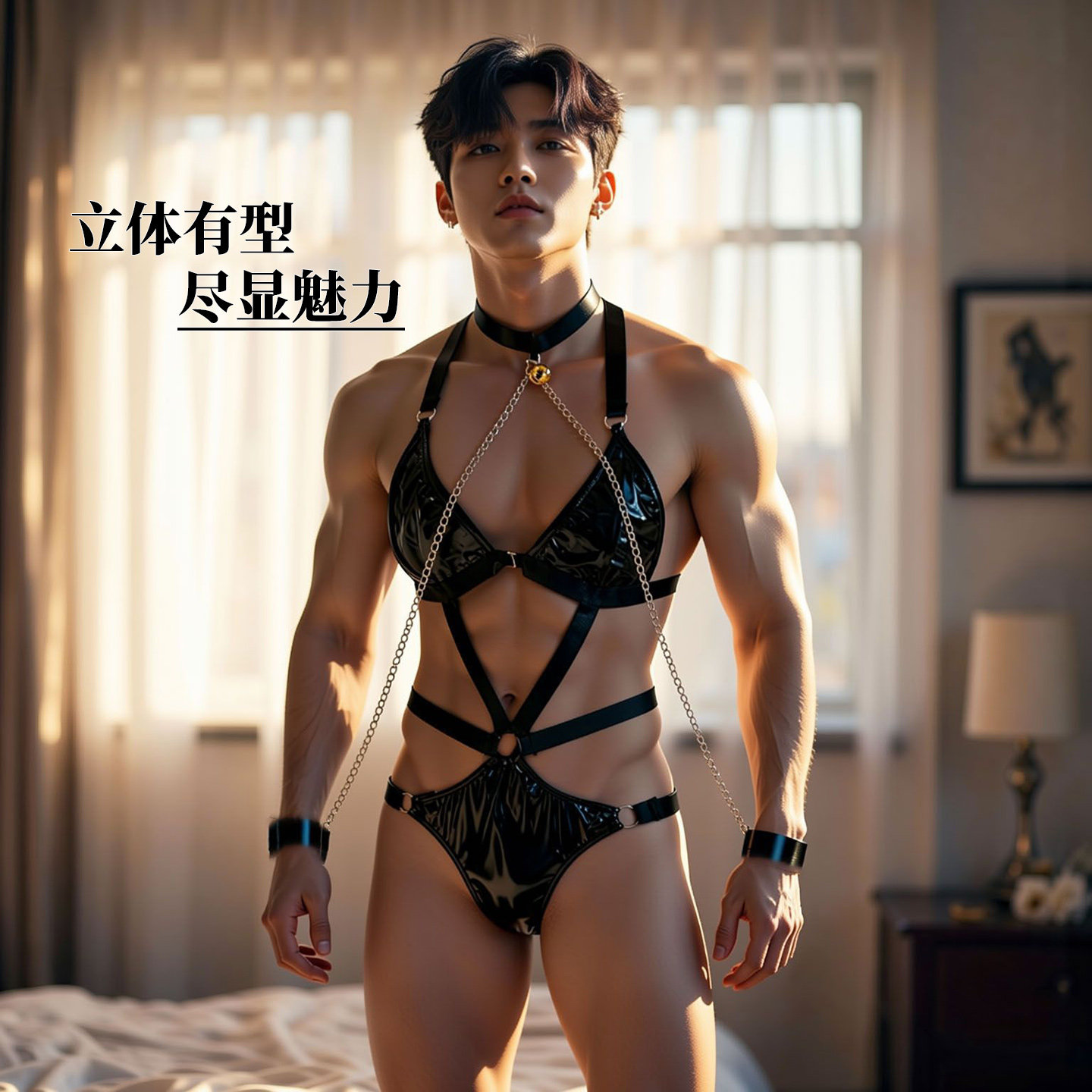 男士性感三点式胸罩丁字裤套装
