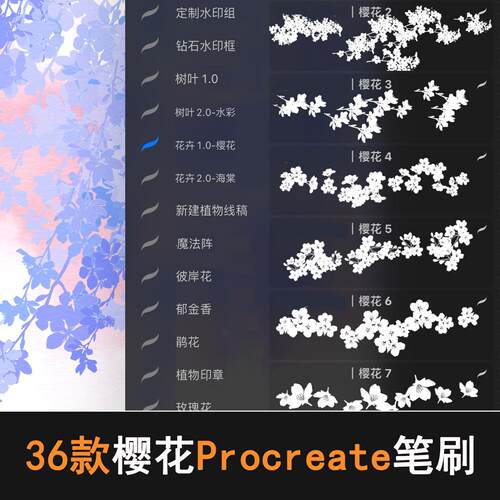 Procreate樱花笔刷花卉植物花朵ipad绘画线稿樱花笔刷画笔工具
