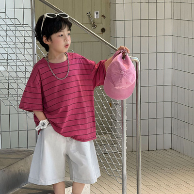 泰如2026夏季新款儿童韩版条纹纯色洋气短袖男童时尚休闲半袖潮