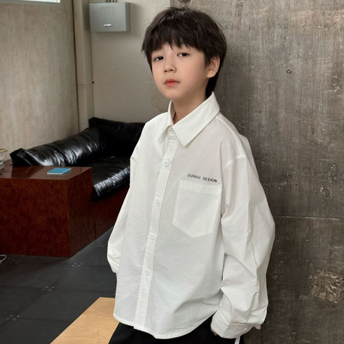 2026春款儿童白衬衫男童韩版印花长袖衬衣中大童时髦洋气春秋上衣