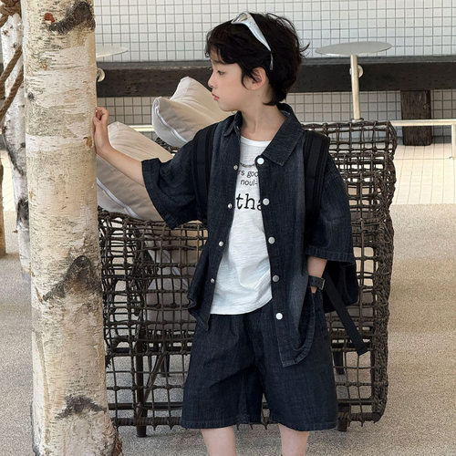 泰如2026夏季新款儿童韩版字母牛仔两件套男童透气短袖短裤套装潮