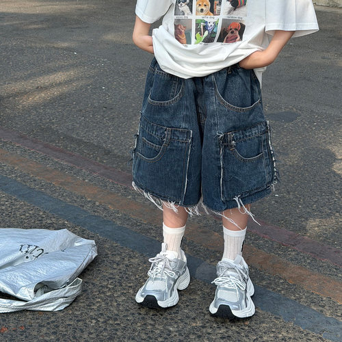 泰如2026夏季新款儿童设计感多口袋牛仔短裤男童纯色百搭水洗短裤